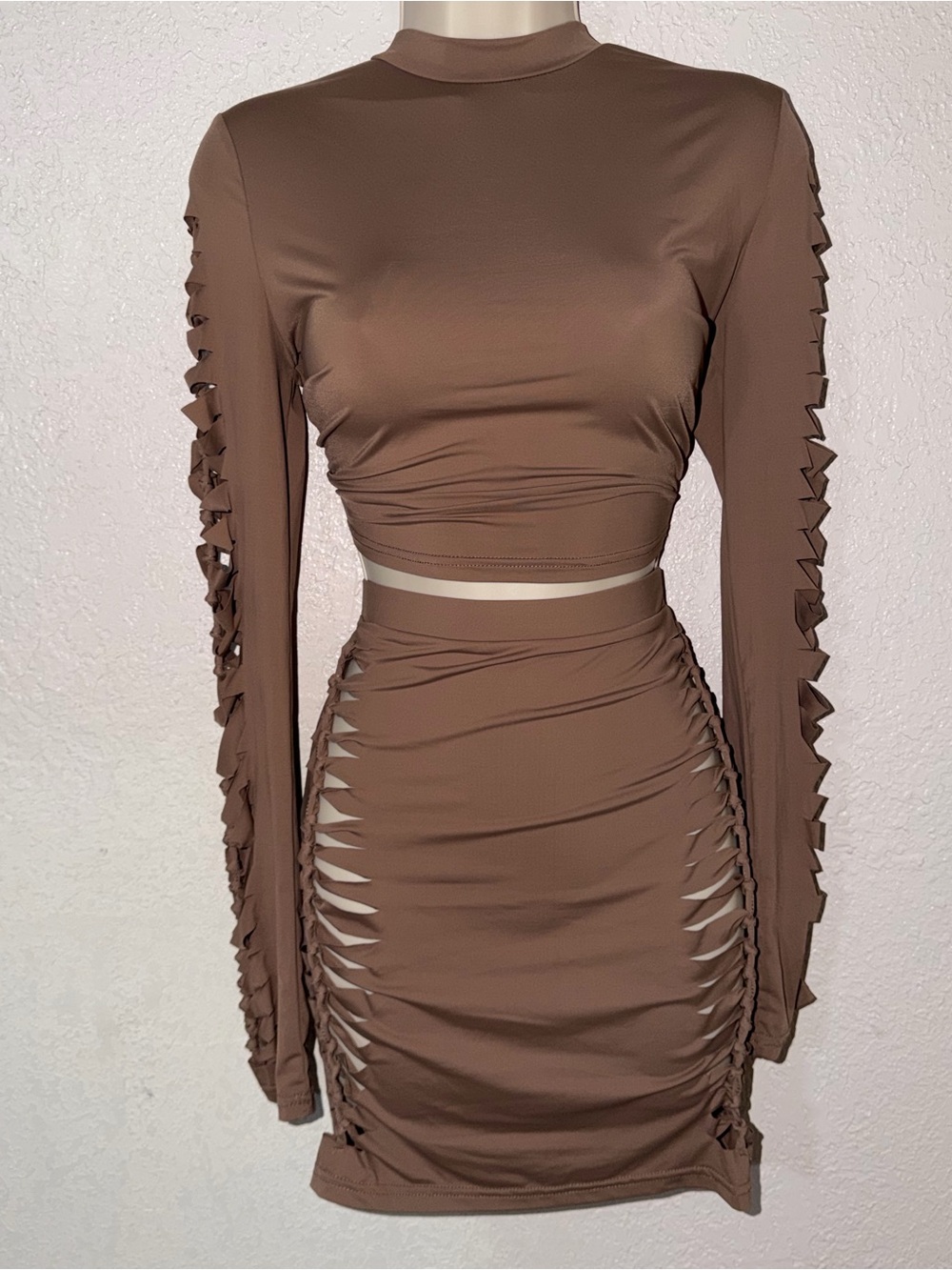 Fashion Nova Brown Long Sleeve Cutout Two-Piece Dress